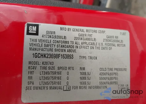 2008 Chevrolet Silverado 2500Hd Lt1 из США, поврежденный, VIN 1GCHK23698F163893